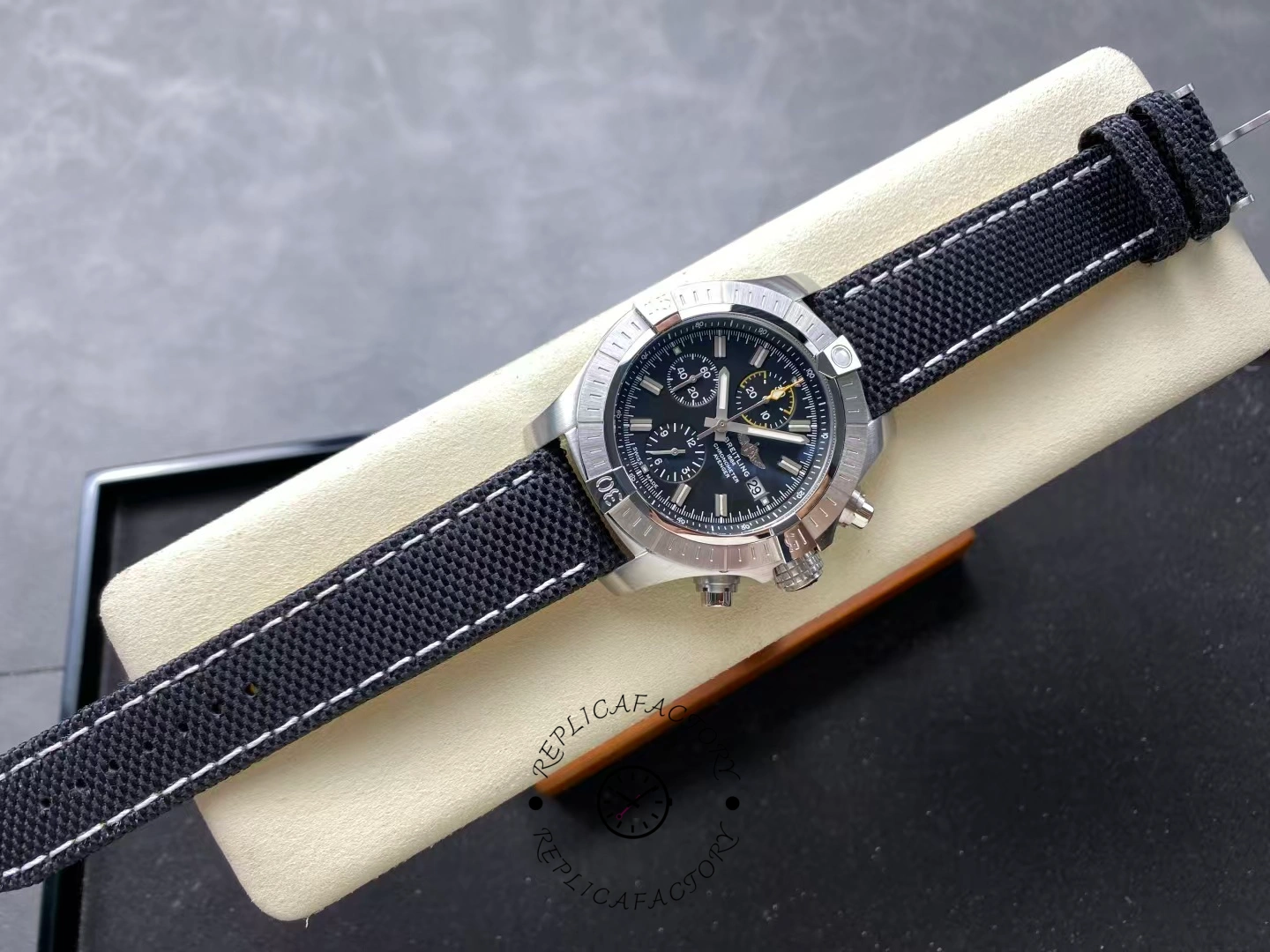 Top view of Breitling Avenger Chronograph 45 A13317101B1X1 with black nylon strap.