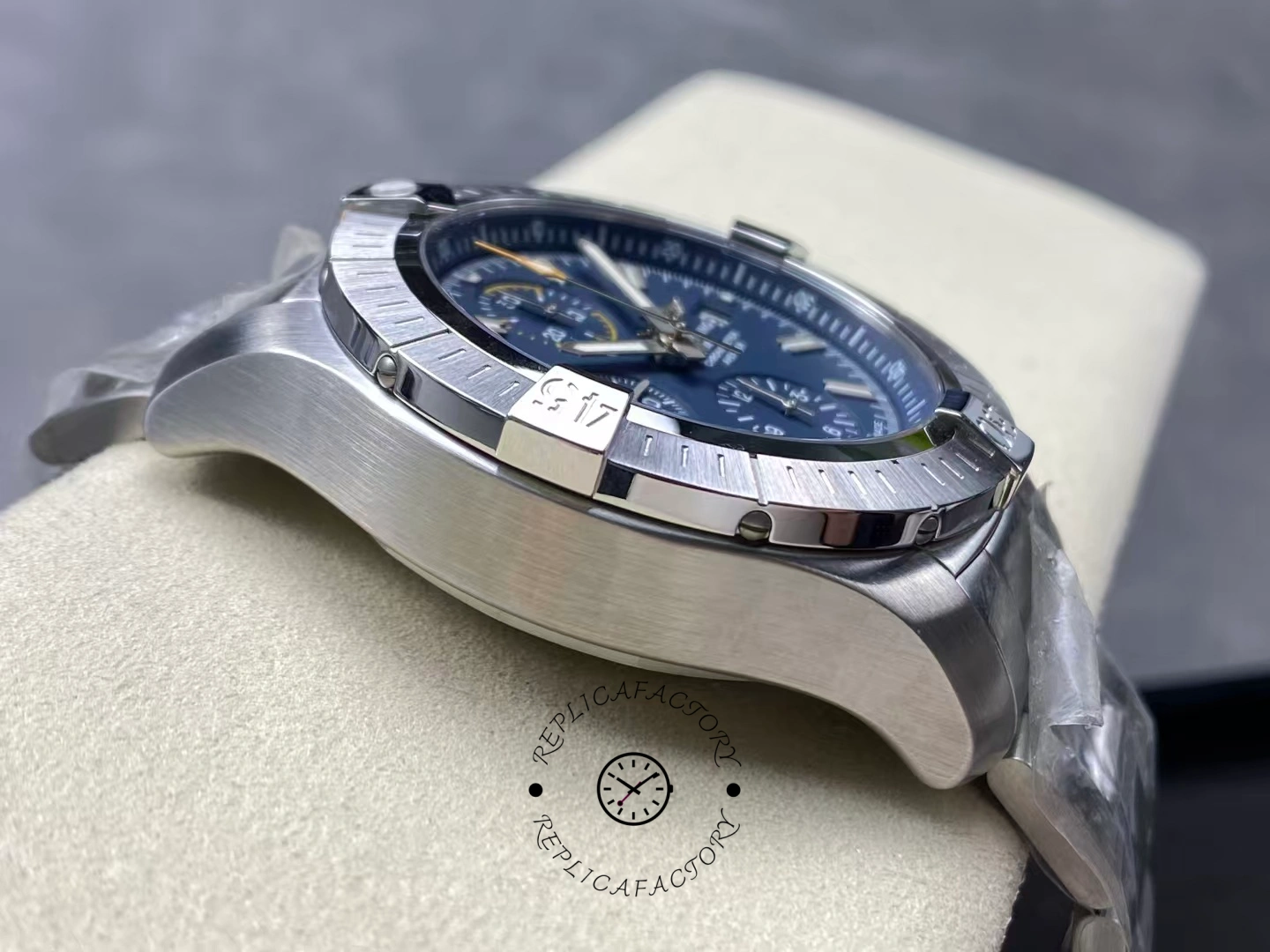Left profile of Breitling Avenger Chronograph 45 A13317101C1A1 with brushed stainless case.