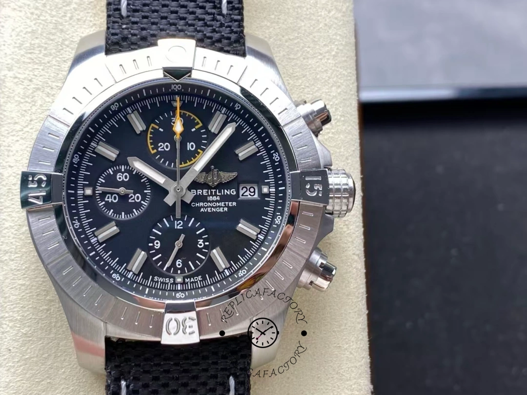 Front view of Breitling Avenger Chronograph 45 A13317101B1X1 with black dial and subdials. - Front view