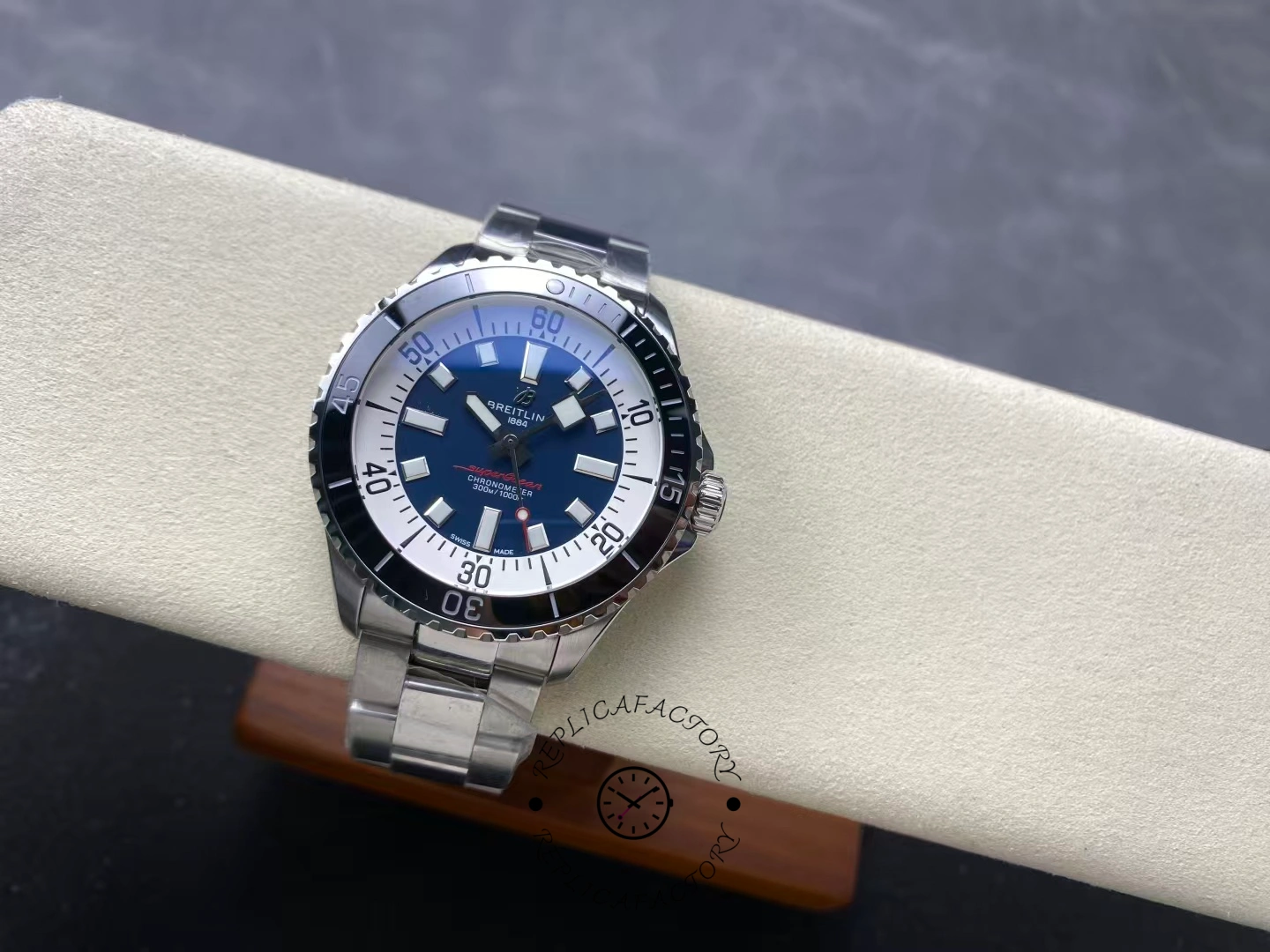 Angled view of Breitling Superocean 44 A17376211C1A1 blue dial with black ceramic bezel.