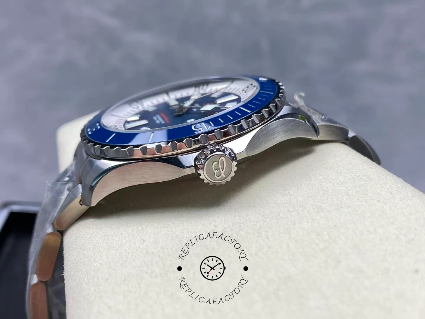 Side view of Breitling Superocean 42 A17375E71C1A1 showing crown and brushed case.