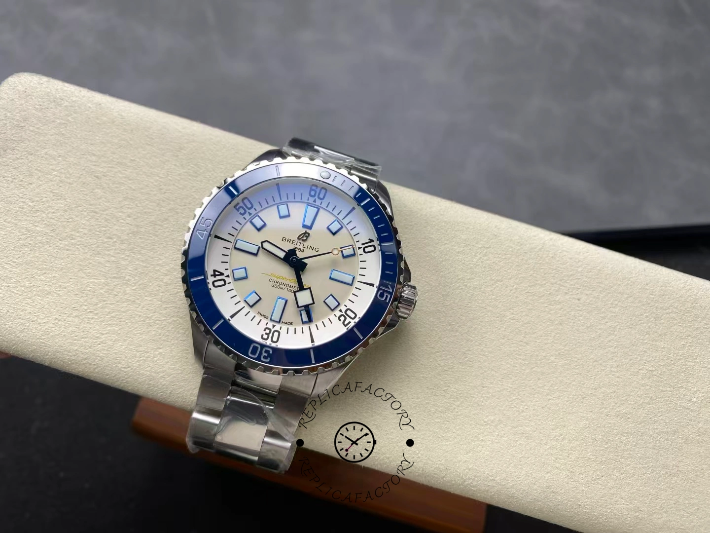 Full view of Breitling Superocean 42 A17375E71G1A1 with steel bracelet.