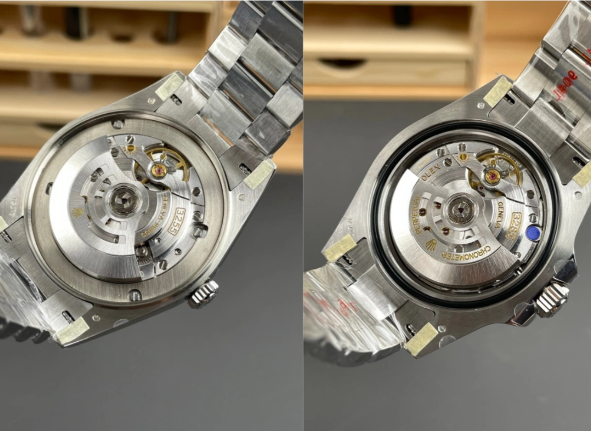 Combined image showing Rolex Day-Date 3255 clone movement and GMT Master II 3285 clone movement