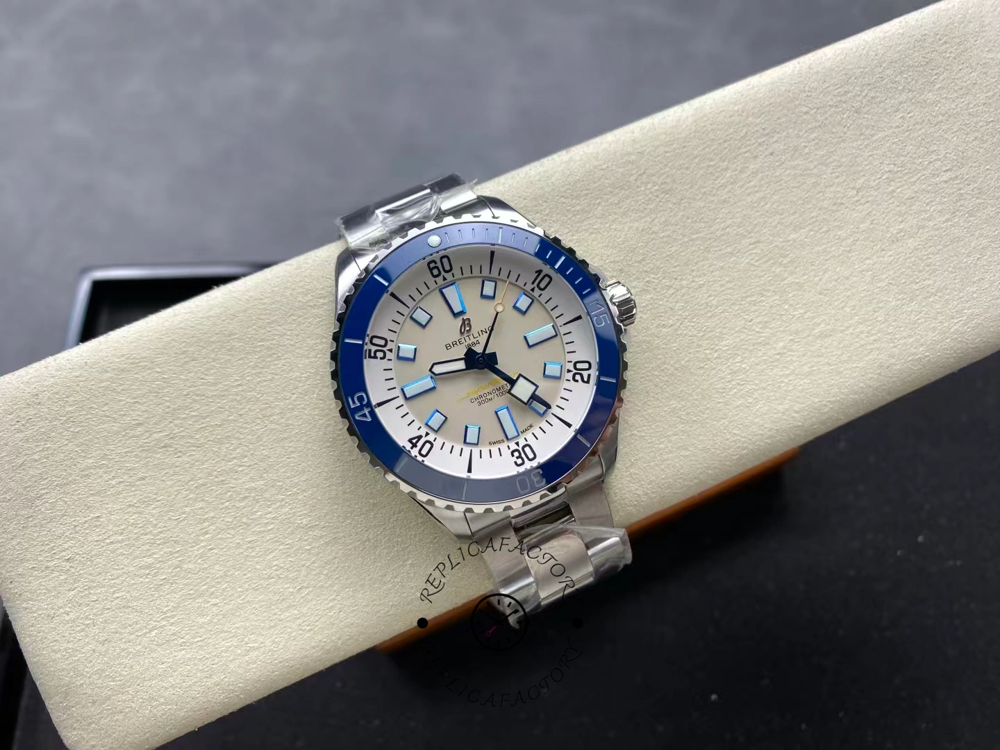 Angled front of Breitling Superocean 42 A17375E71G1A1 showing luminous markers.