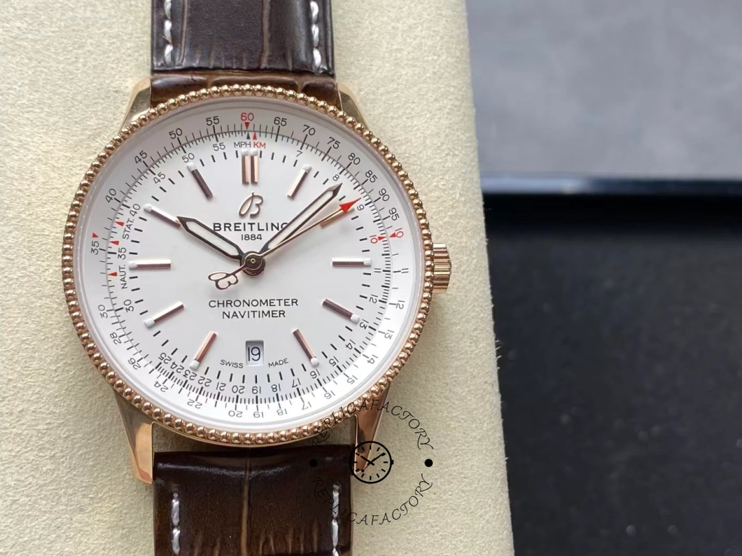 Front view of Breitling Navitimer 41 R17326211G1P1 with luminous hands and date window. - Front view