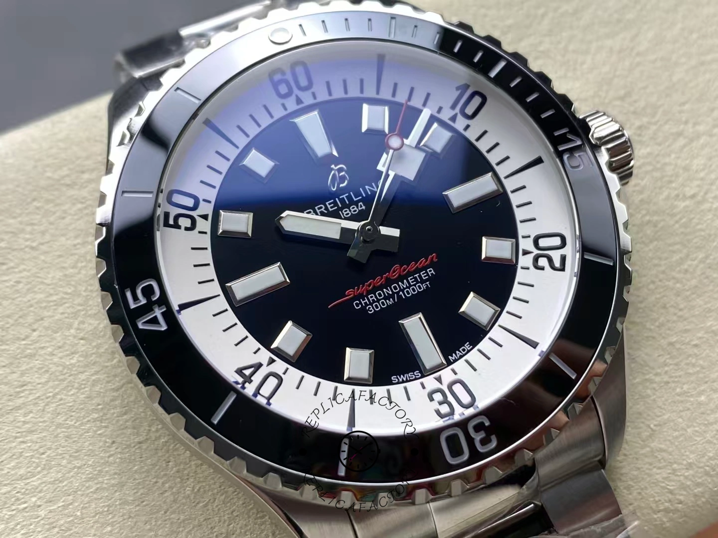 Close-up of Breitling Superocean 44 A17376211B1A1 showing minute markers and bezel.