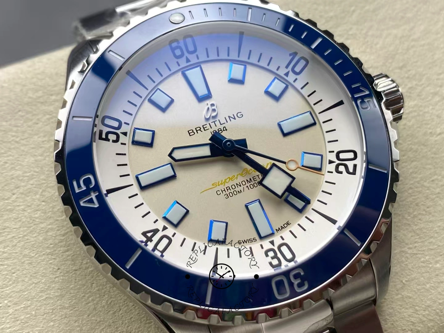 Close-up of Breitling Superocean 42 A17375E71G1A1 showing polished bezel edge.