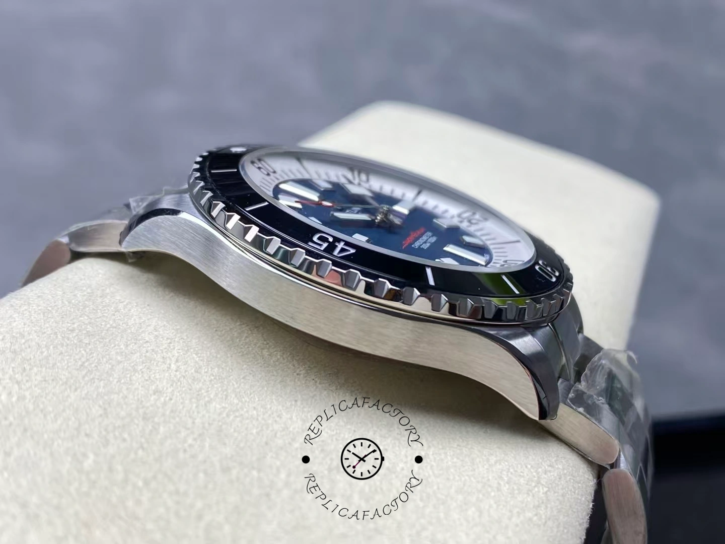 Left side of Breitling Superocean 44 A17376211C1A1 showing brushed steel case.