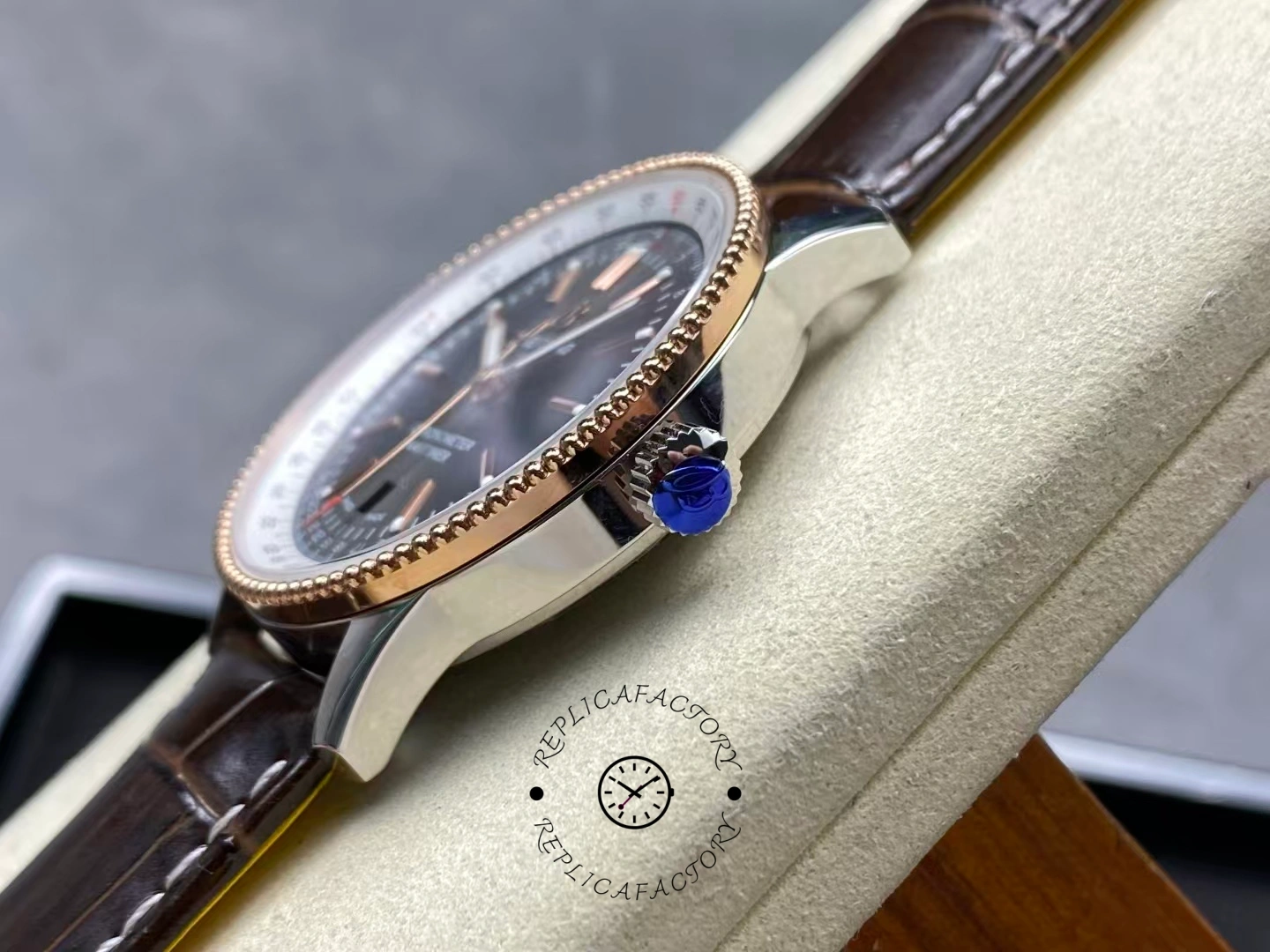 Side view of Breitling Navitimer 41 U17326211M1P1 showing crown and case.