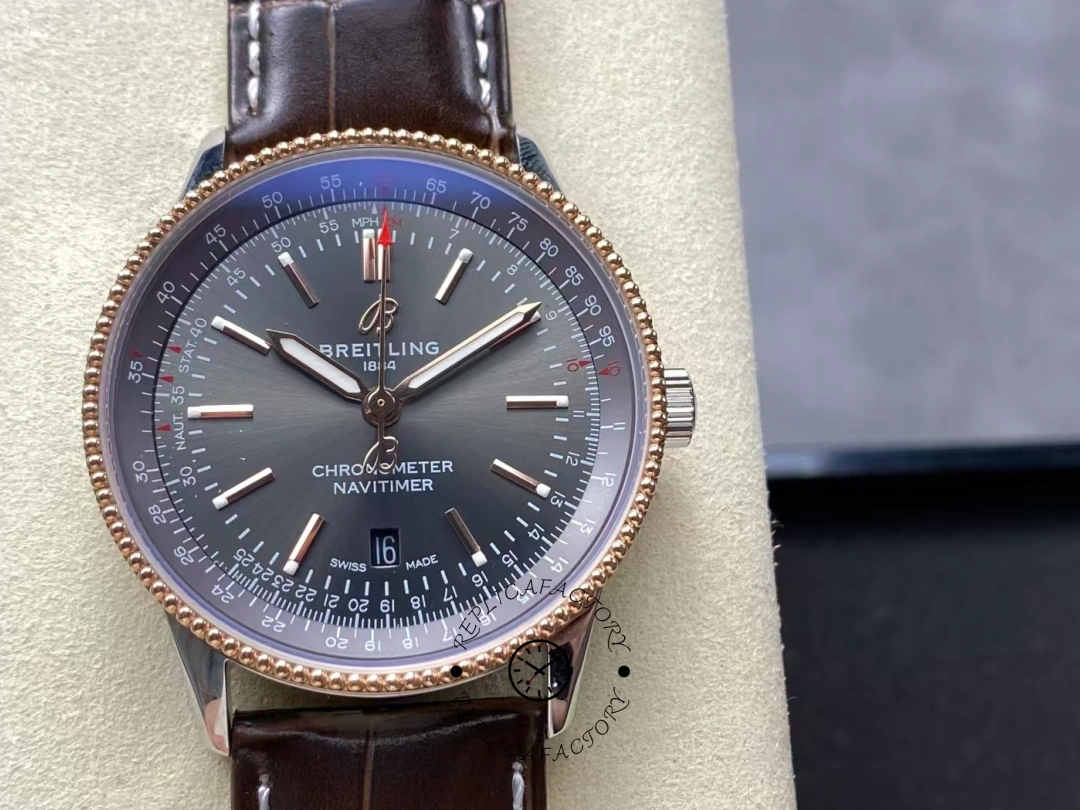 Front view of Breitling Navitimer 41 U17326121M1P1 showing date window and markers. - Front view