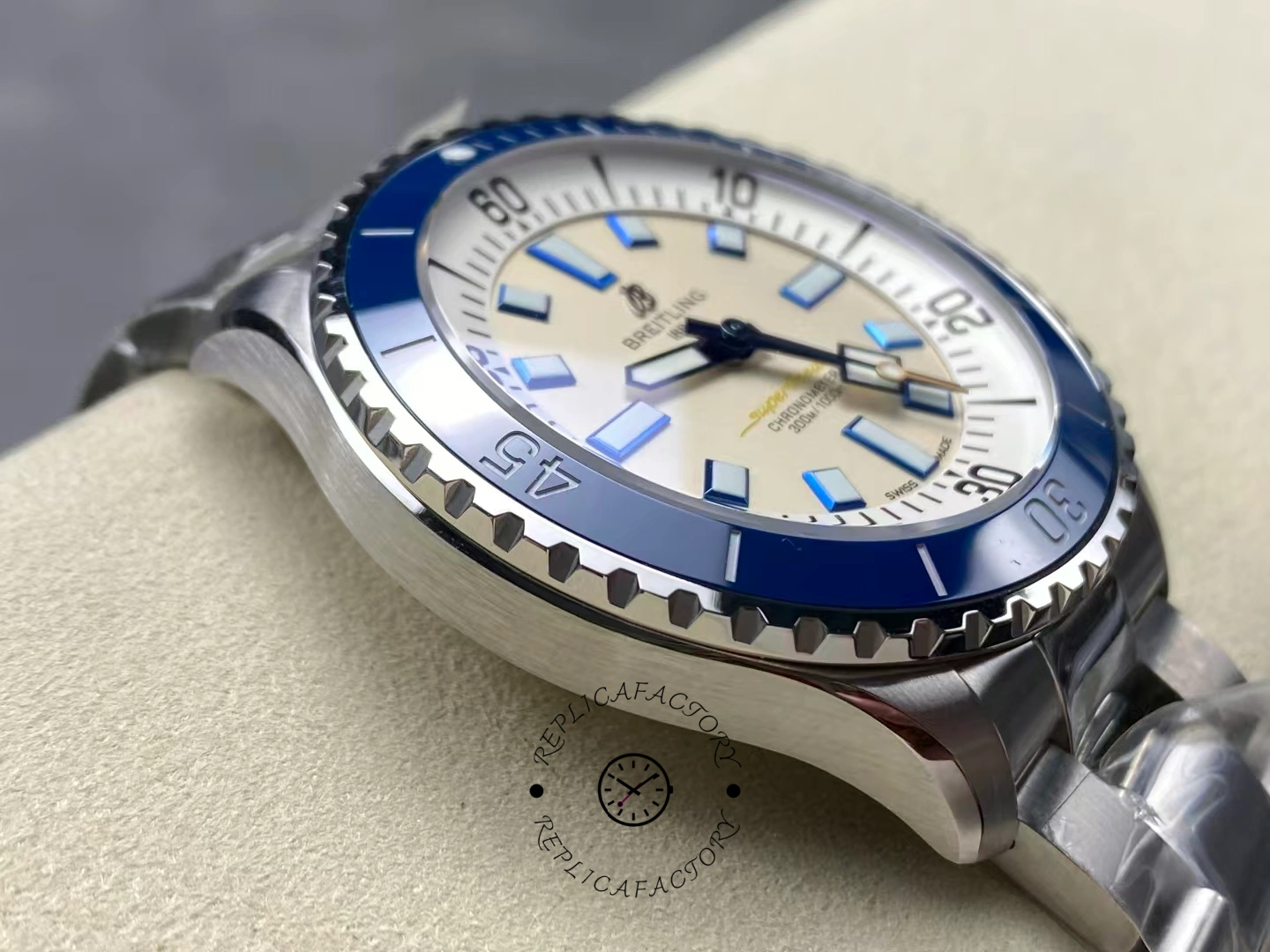 Left side of Breitling Superocean 42 A17375E71G1A1 showing brushed case detail.