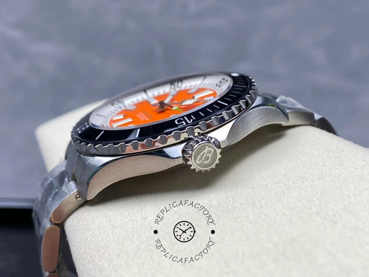 Side view of Breitling Superocean 42 A173751A1O1S1 showing crown and brushed case.