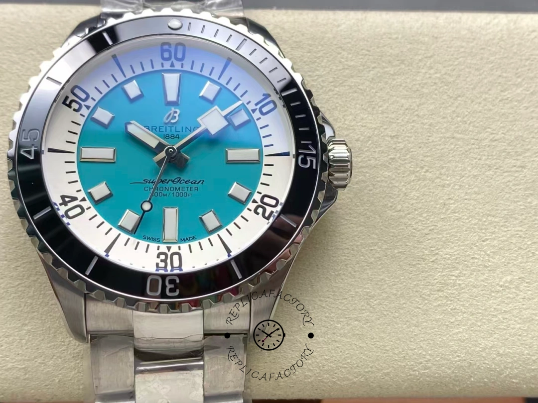 Front view of Breitling Superocean 44 A17376211L2A1 turquoise dial with black bezel. - Front view