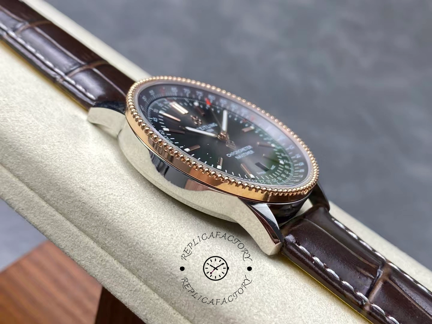 Left side of Breitling Navitimer 41 U17326121M1P1 showing polished steel case.