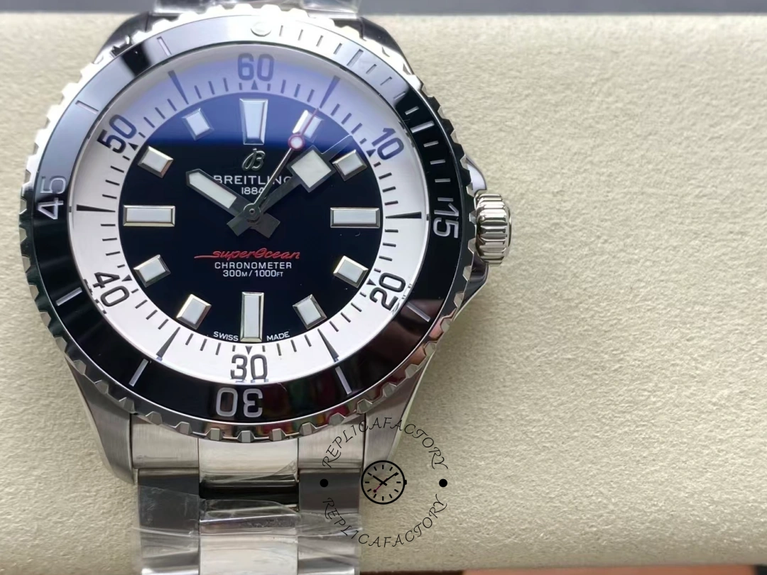 Front view of Breitling Superocean 44 A17376211B1A1 black and white dial diver watch. - Front view