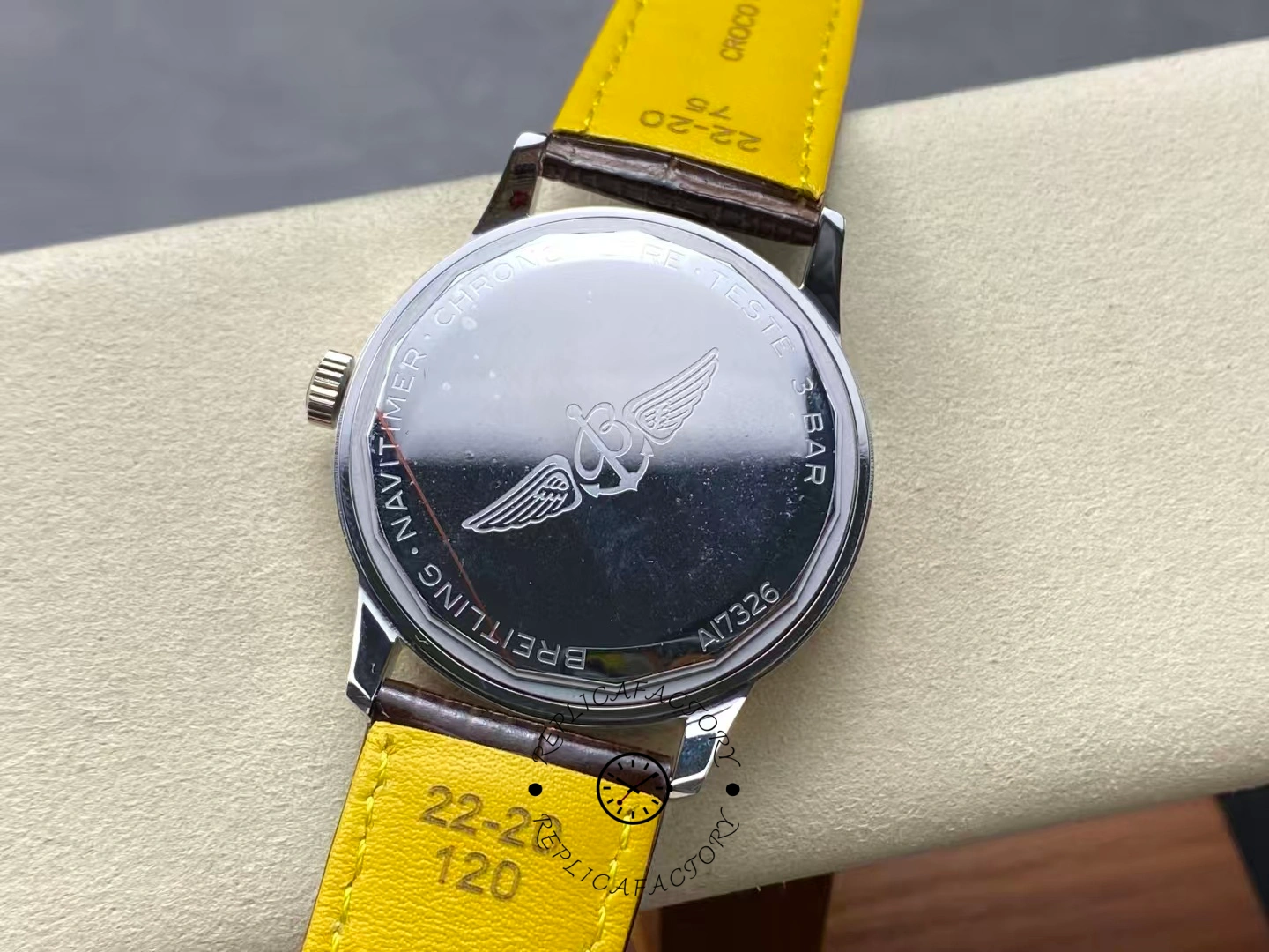 Caseback of Breitling Navitimer 41 U17326121M1P1 with engraved wings logo.