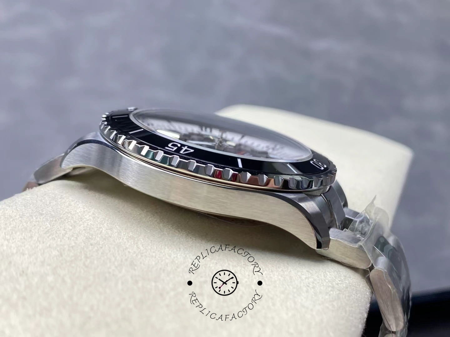 Left side of Breitling Superocean 44 A17376211B1A1 showing brushed steel case.