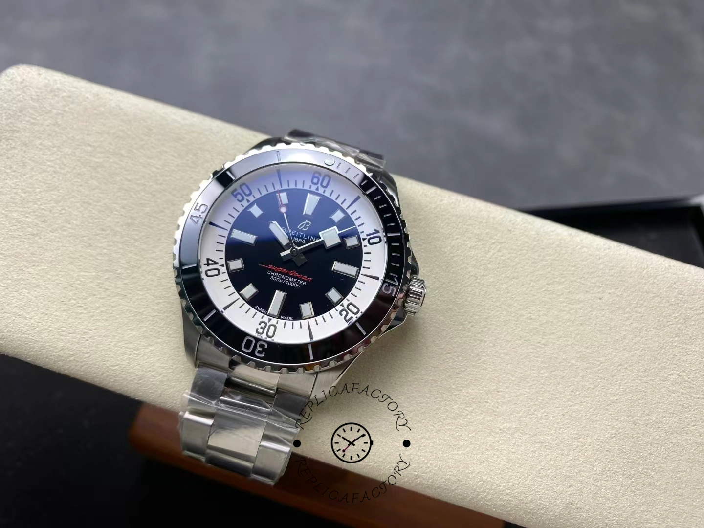 Full view of Breitling Superocean 44 A17376211B1A1 with steel bracelet and black dial.