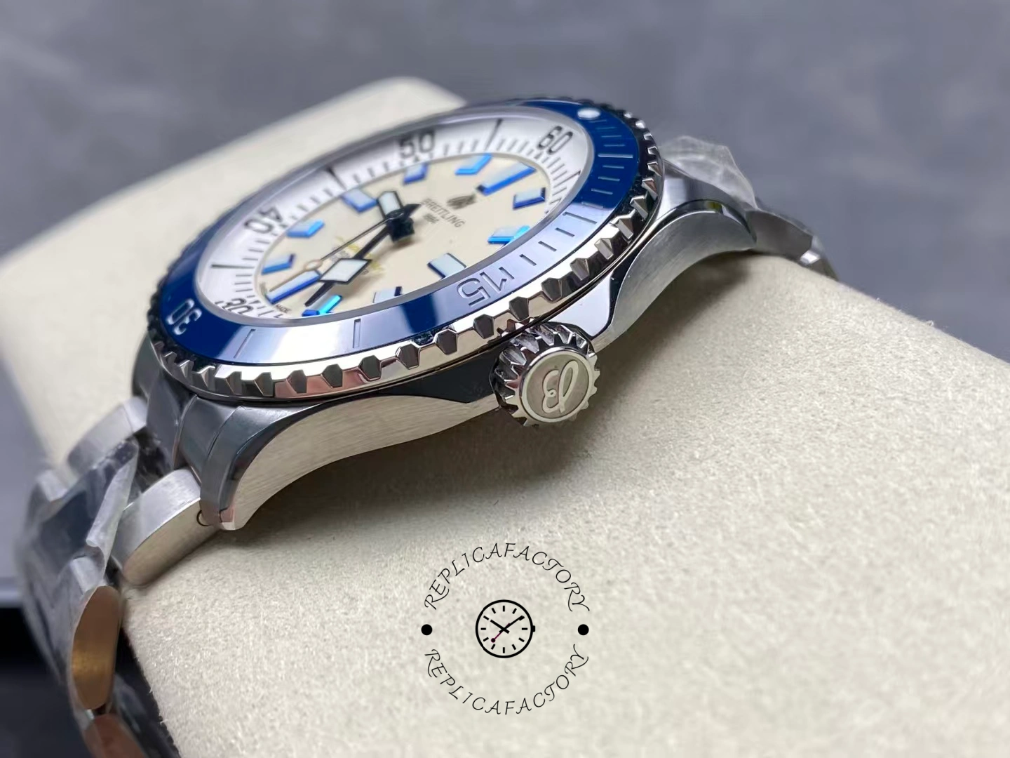 Side view of Breitling Superocean 42 A17375E71G1A1 showing crown and bezel.