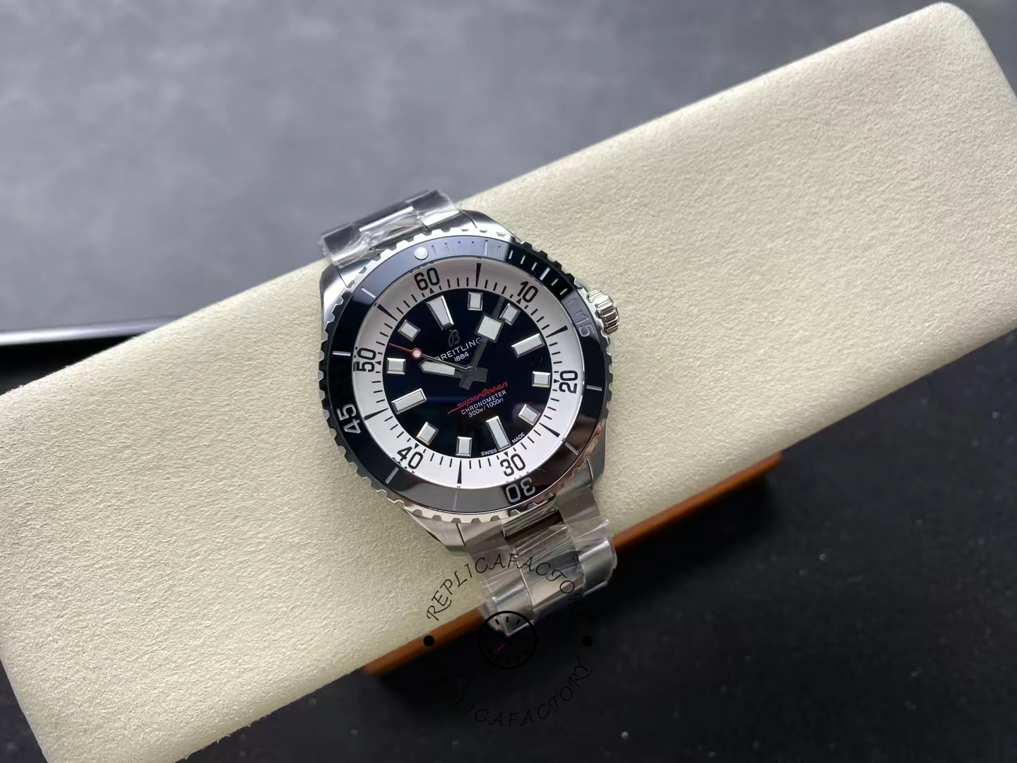 Angled front of Breitling Superocean 44 A17376211B1A1 showing luminous markers.