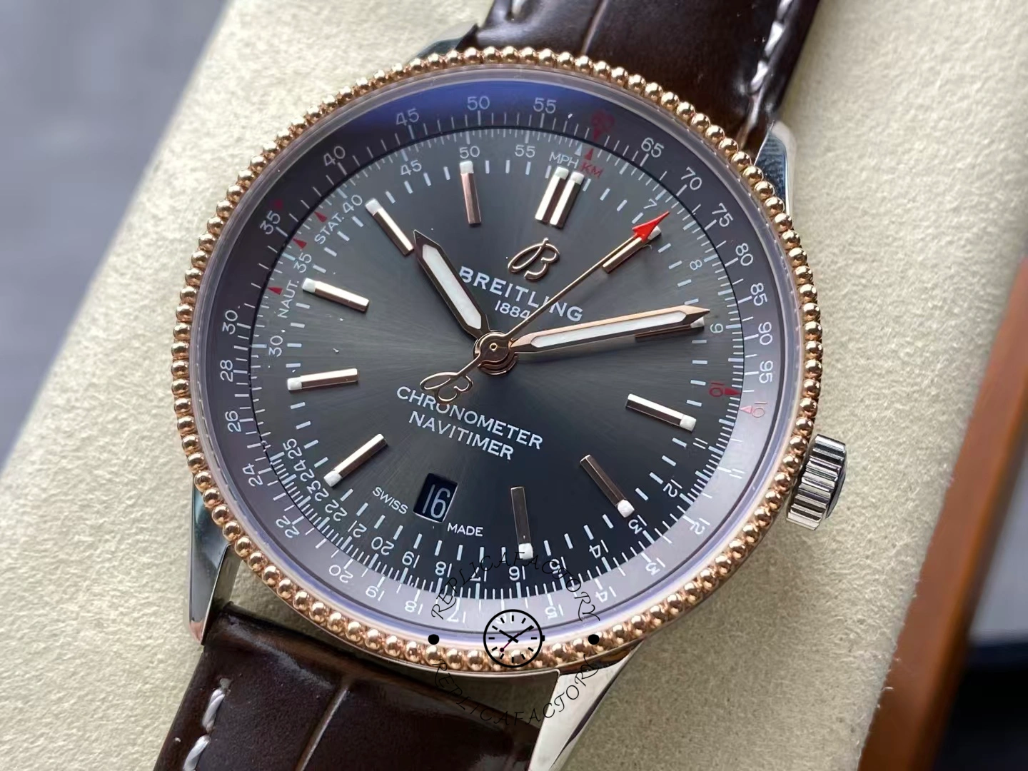 Close-up of Breitling Navitimer 41 U17326121M1P1 showing rose gold bezel and dial.