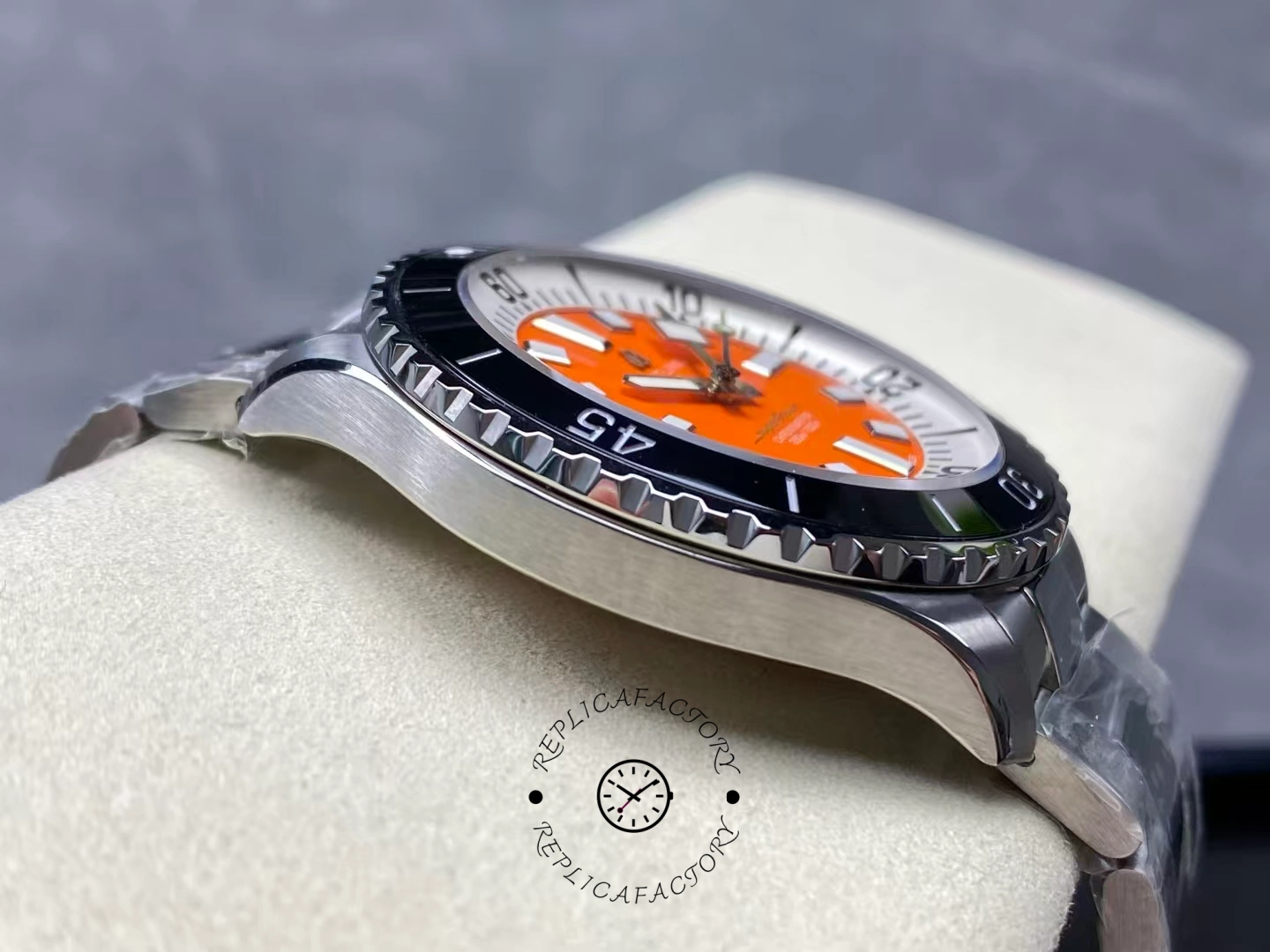 Left side of Breitling Superocean 42 A173751A1O1S1 showing bezel edge detail.