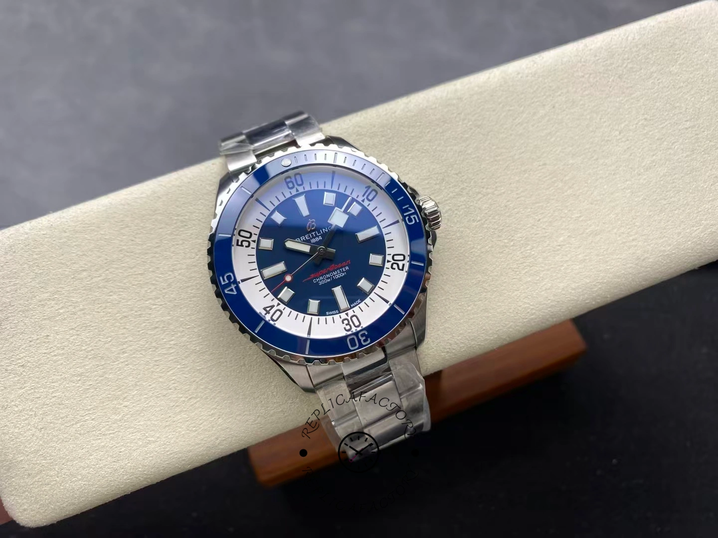 Full view of Breitling Superocean 42 A17375E71C1A1 blue dial dive watch with steel bracelet.