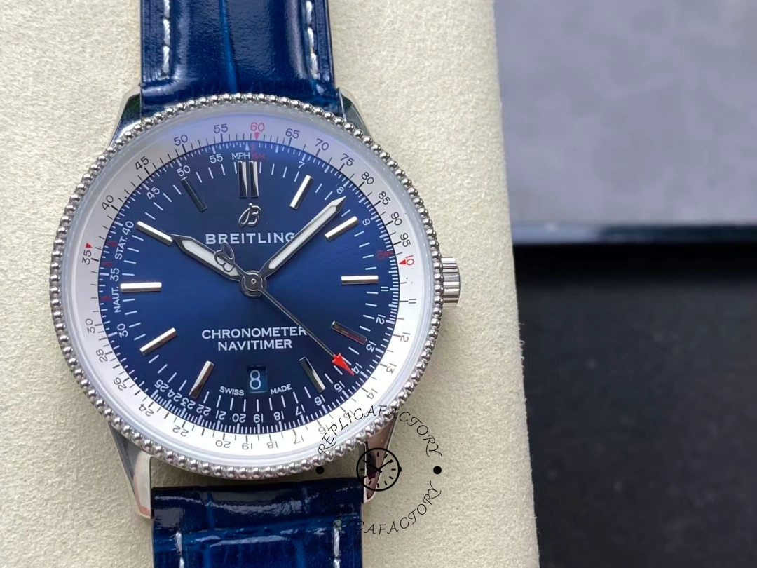 Front view of Breitling Navitimer 38 A17325211C1P1 with blue dial and leather strap. - Front view