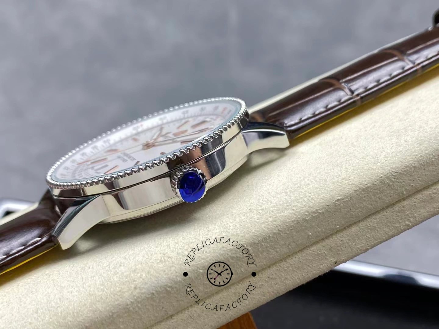 Side view of Breitling Navitimer 41 A17326211G1P1 showing blue crown.