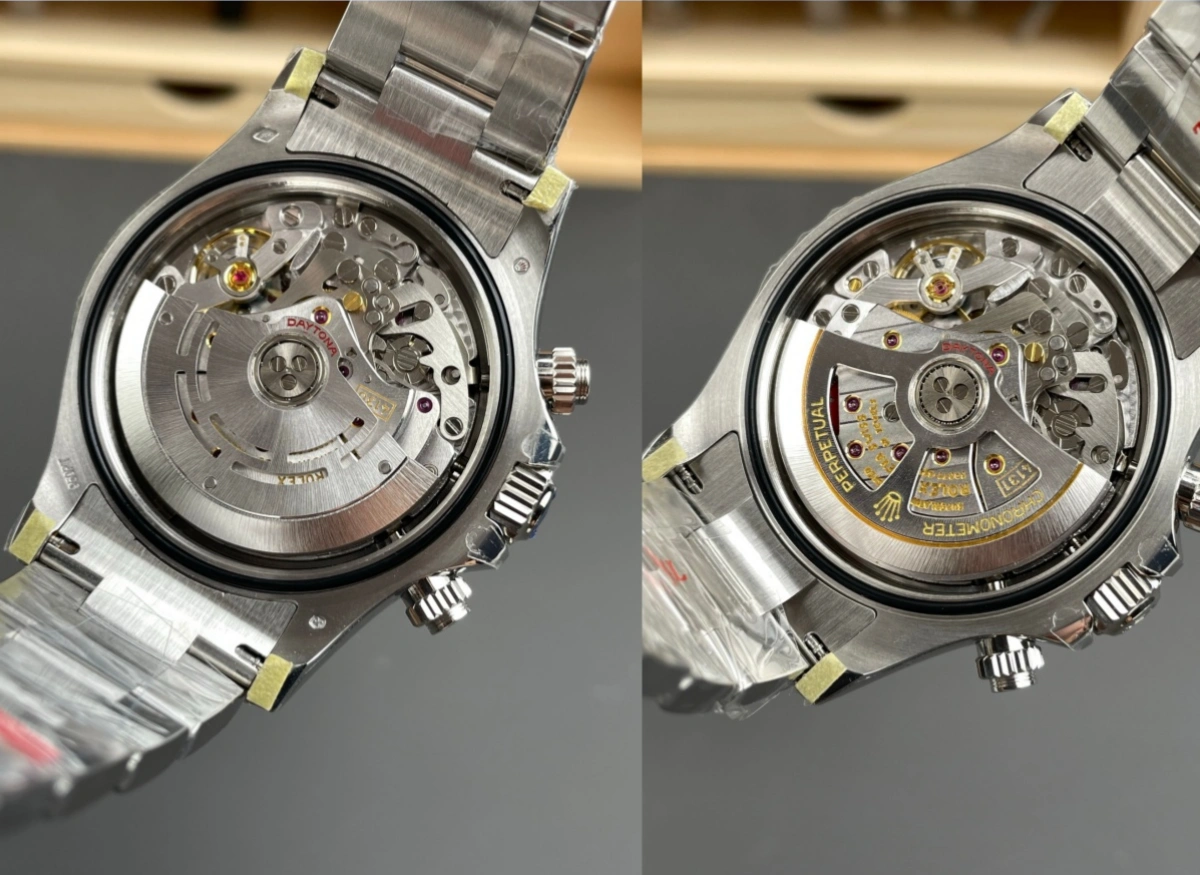 Close-up view of Rolex Daytona 4130 and 4131 clone movement with vertical clutch chronograph system