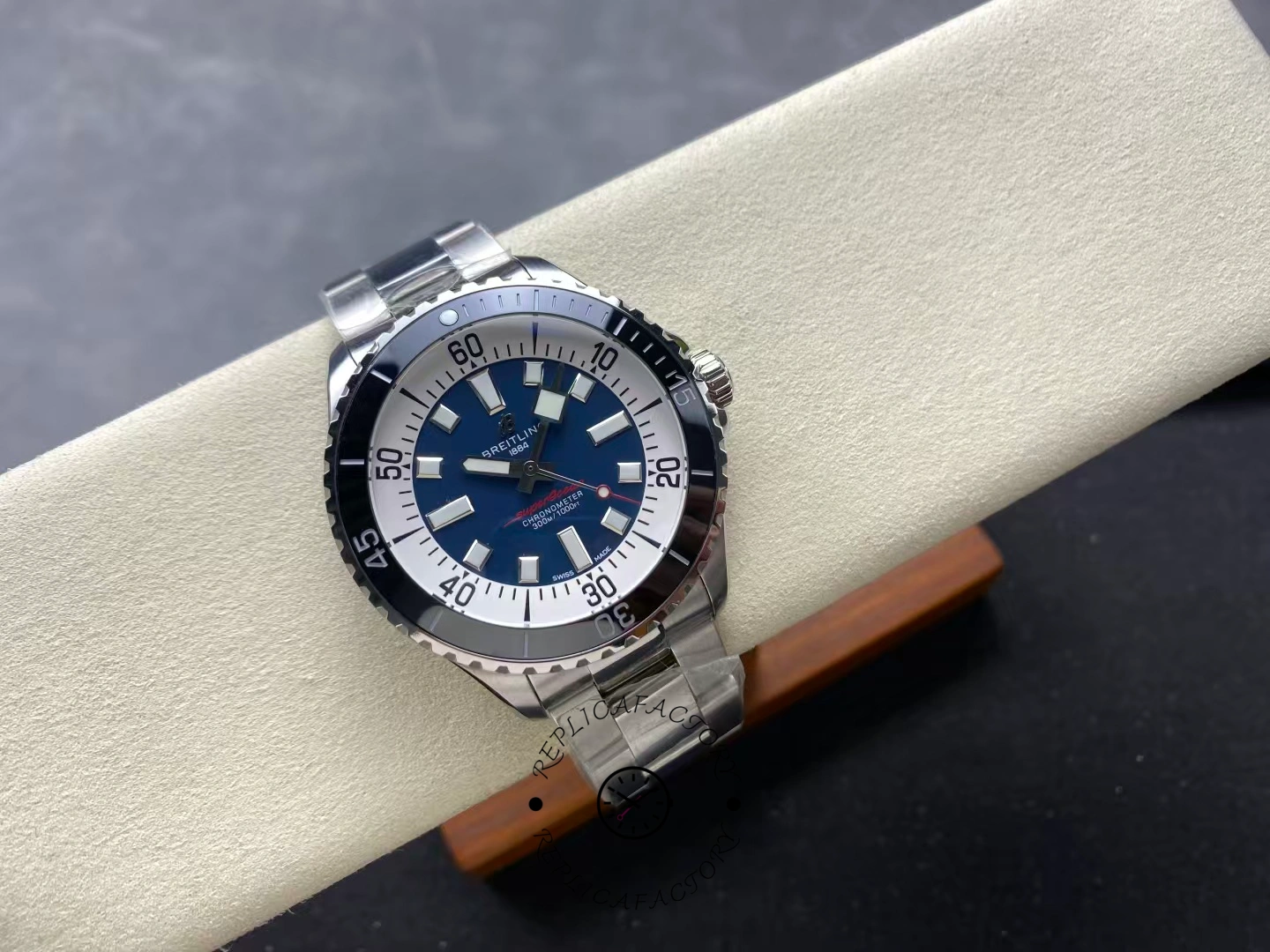Top view of Breitling Superocean 44 A17376211C1A1 blue dial with steel bracelet.