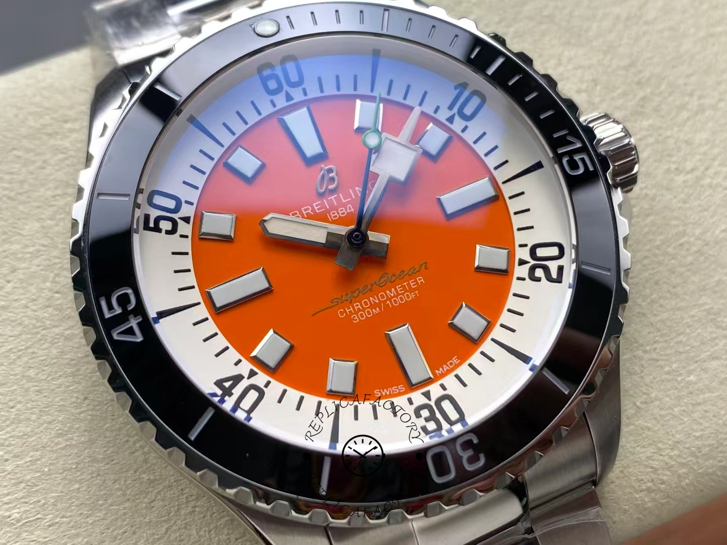 Macro shot of Breitling Superocean 42 A173751A1O1S1 dial showing polished bezel.