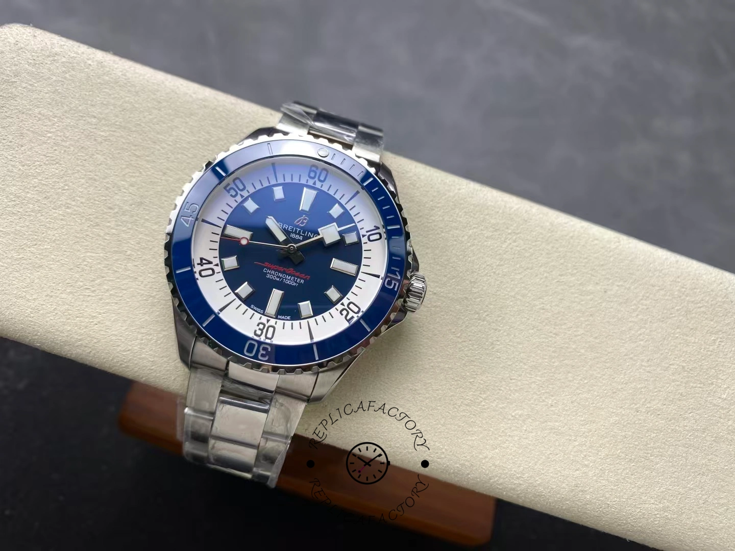 Angled top view of Breitling Superocean 42 A17375E71C1A1 with blue bezel and markers.