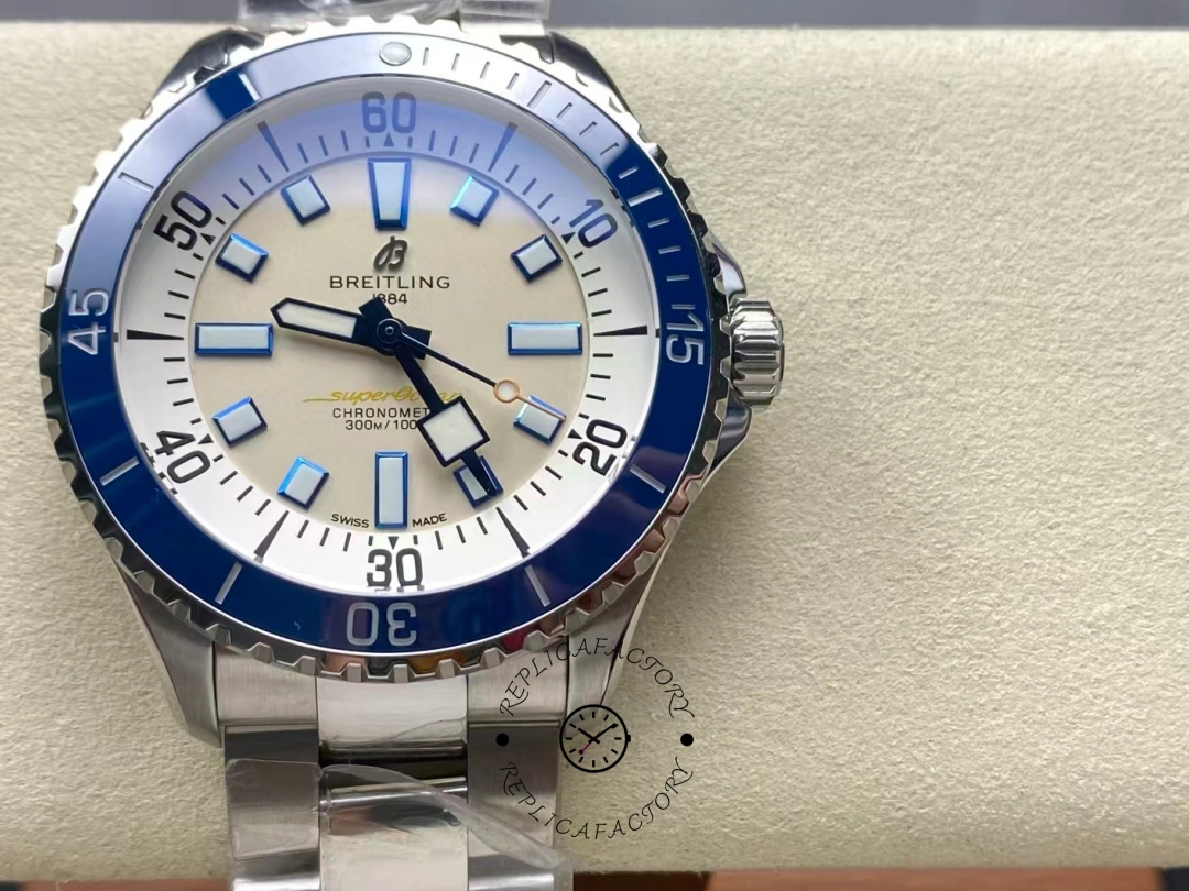 Front view of Breitling Superocean 42 A17375E71G1A1 white dial with blue bezel. - Front view