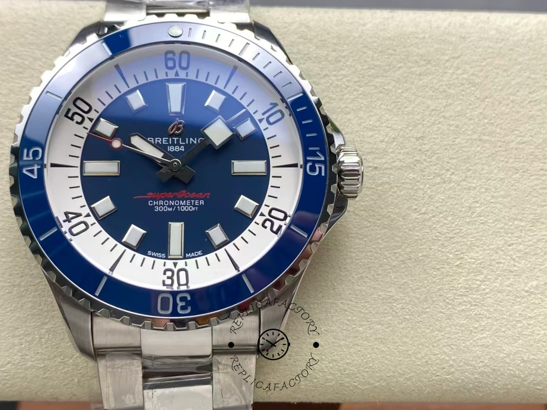 Front view of Breitling Superocean 42 A17375E71C1A1 blue dial with red Superocean text. - Front view