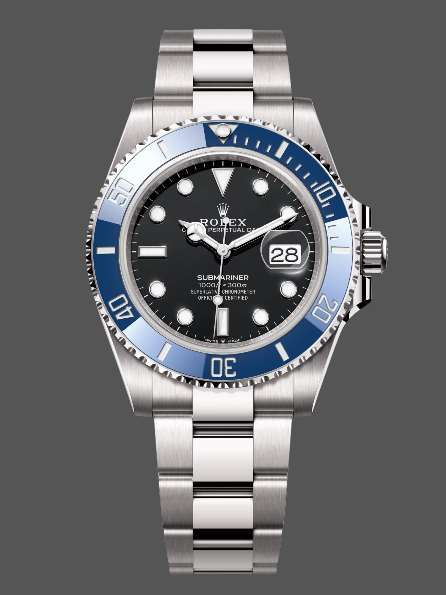 Front view of the Rolex Submariner 126619LB showing the blue bezel and black dial.