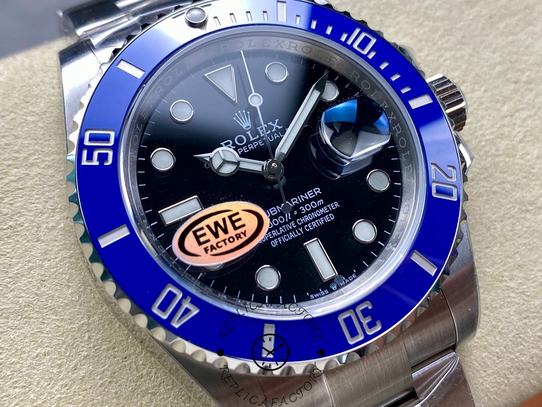 Angled view of Rolex Submariner 126619LB featuring the blue bezel and black dial.