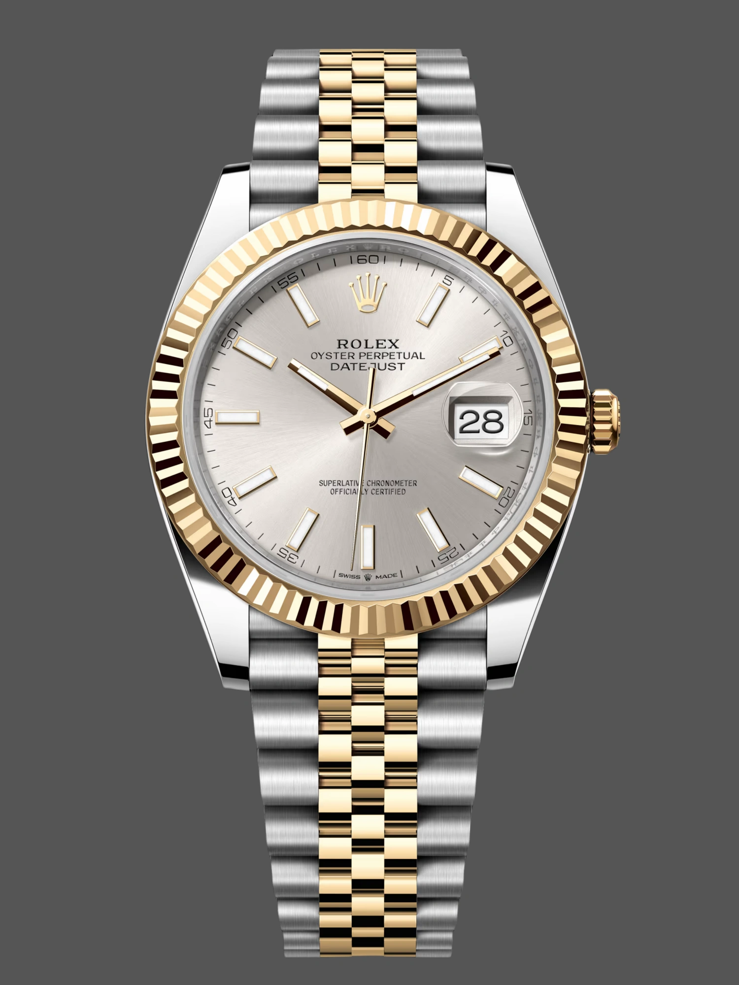 Front view of the Rolex Datejust 41 M126333-0002 with silver dial and two-tone Jubilee bracelet.