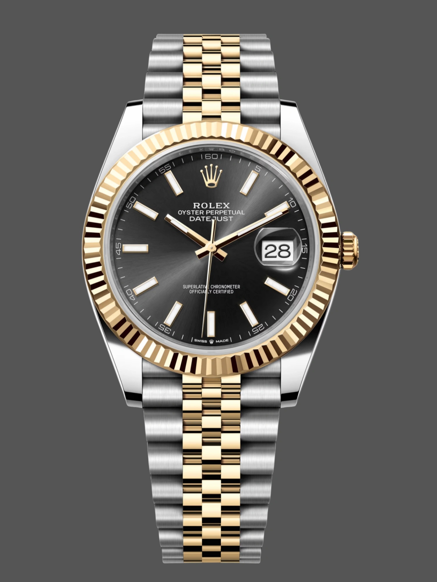 Front view of the Rolex Datejust 41 126333 showing the black dial and two-tone Jubilee bracelet.