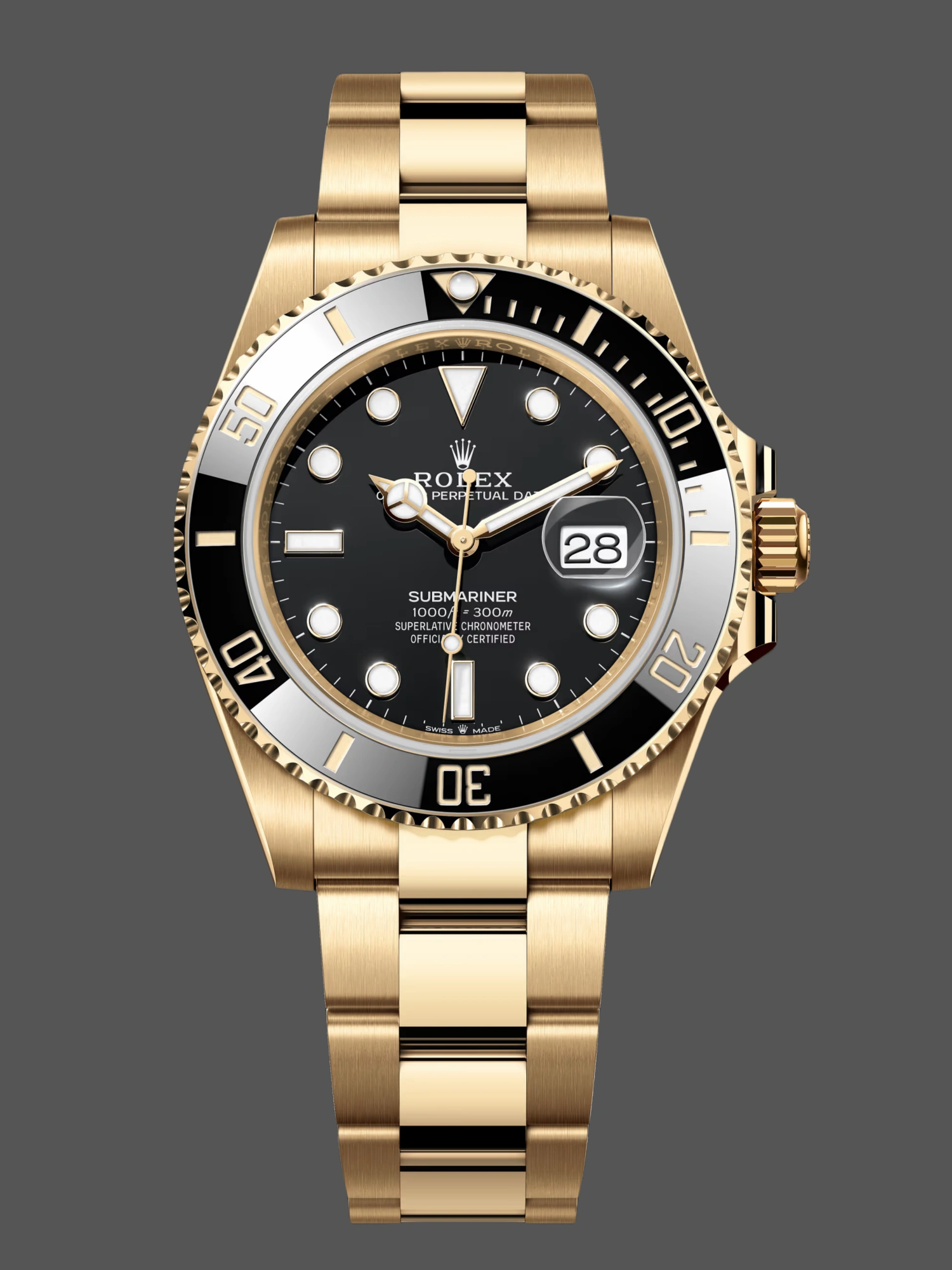 Front view of the Rolex Submariner 126618LN showing the black dial and gold Oyster bracelet.