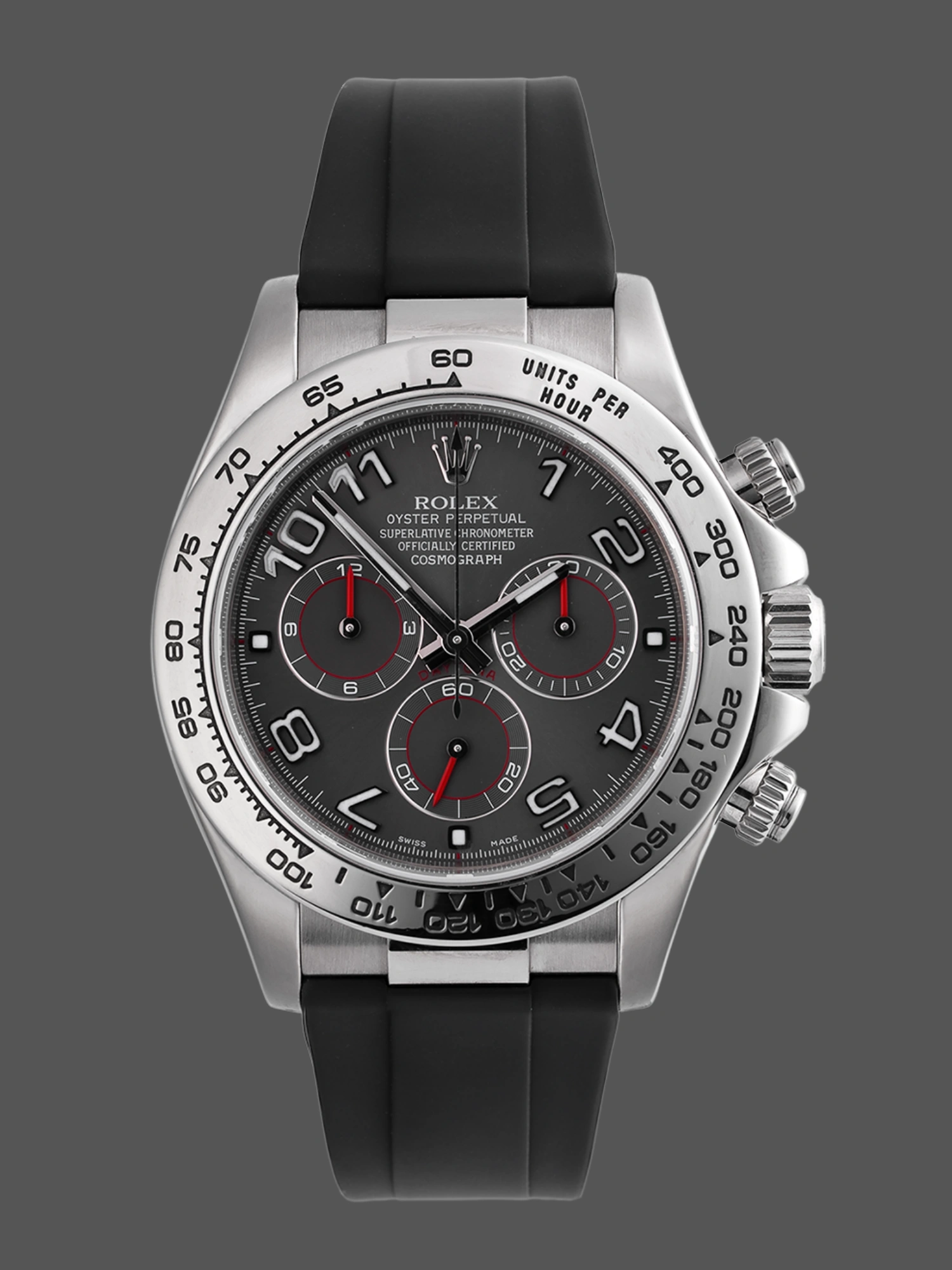 Front view of the Rolex Daytona 116519 showing the grey dial, red-accent chronograph subdials, and Oysterflex strap.