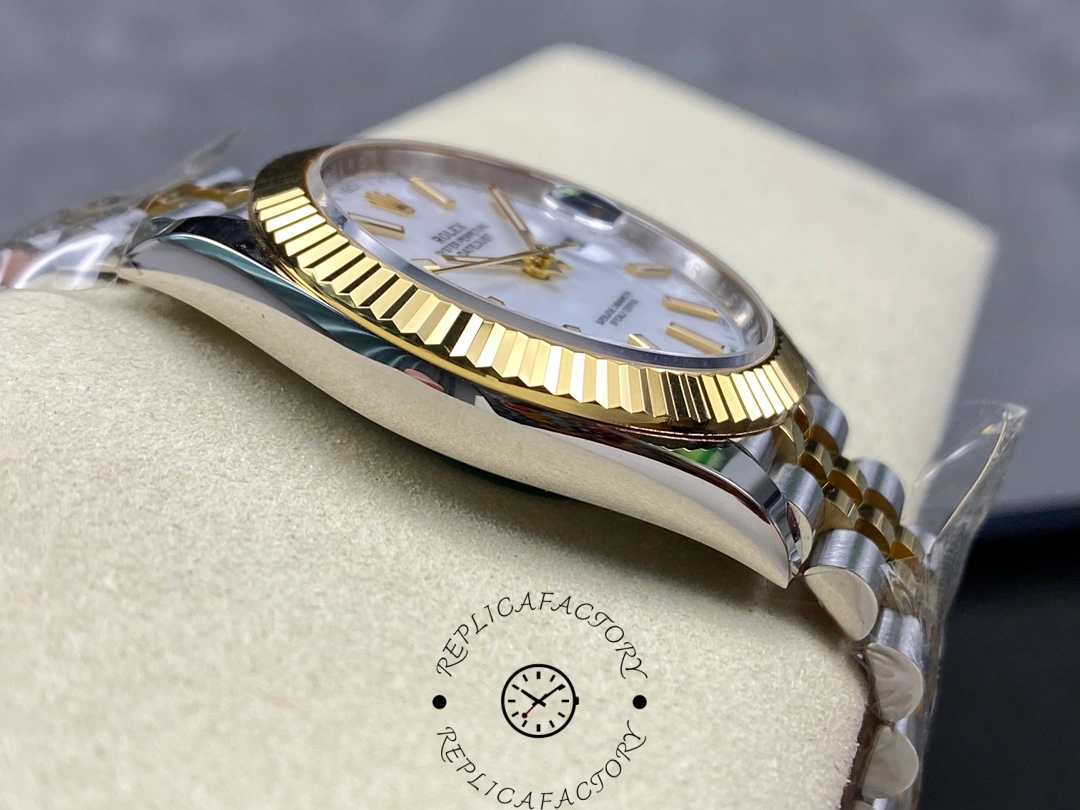 Side angle of the Rolex Datejust 126333 showing polished case and fluted bezel.