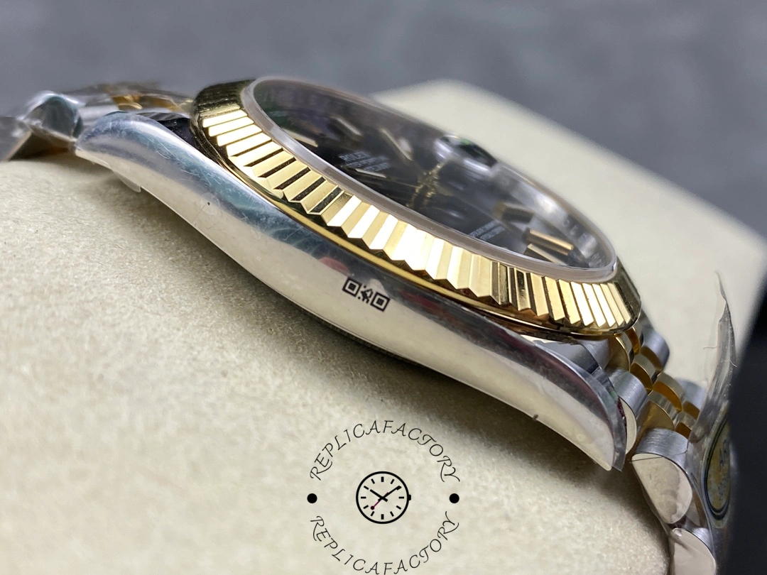 Side profile of Rolex Datejust 41 126333 showing case curvature and fluted bezel edge.