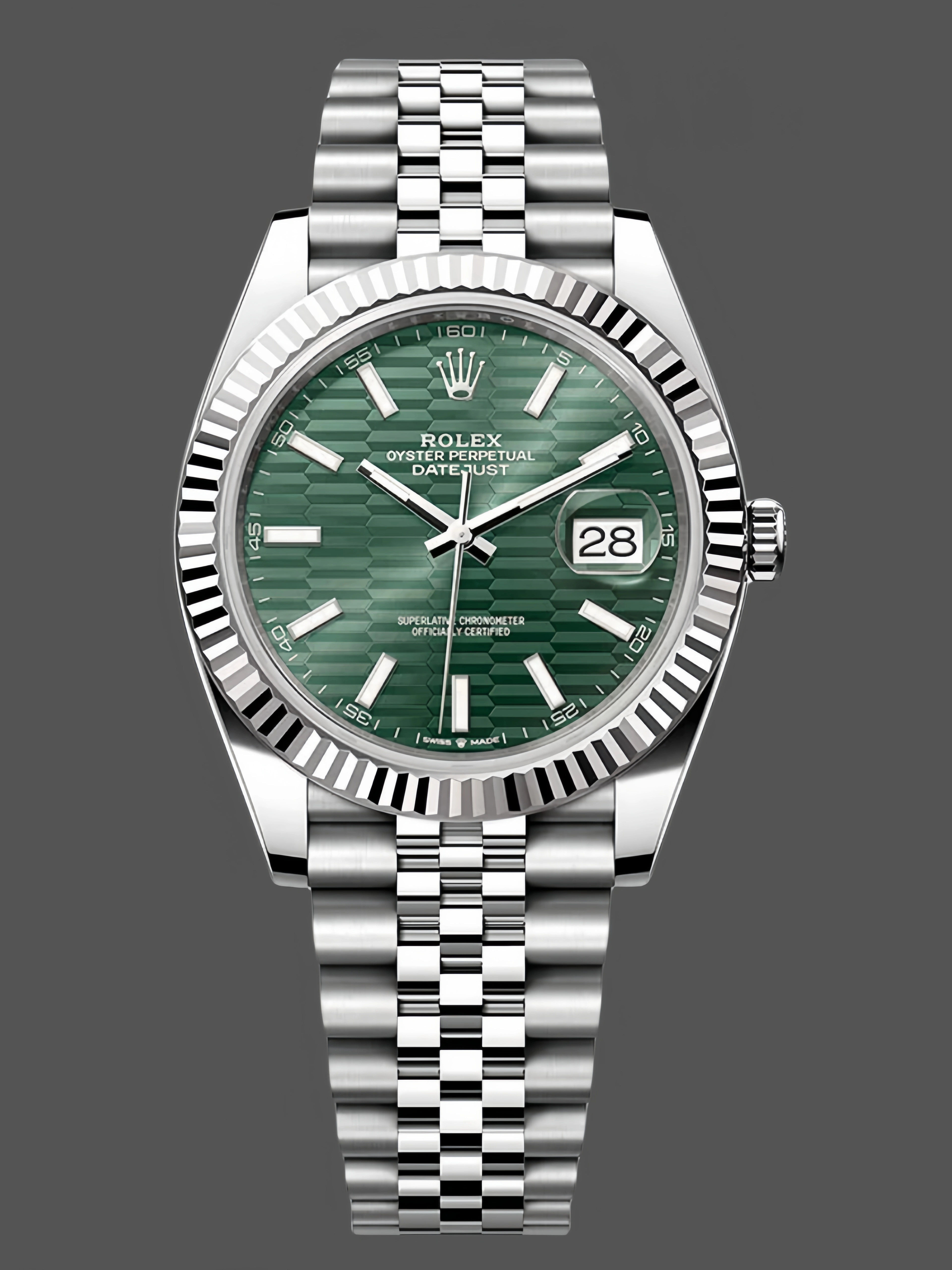 Front view of Rolex Datejust 41 126334-0030 with mint green dial and Jubilee bracelet.