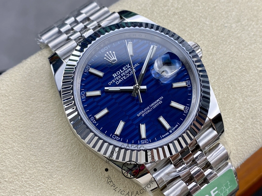 Angled shot of Rolex Datejust 126334 ARF showing blue textured dial and fluted bezel.