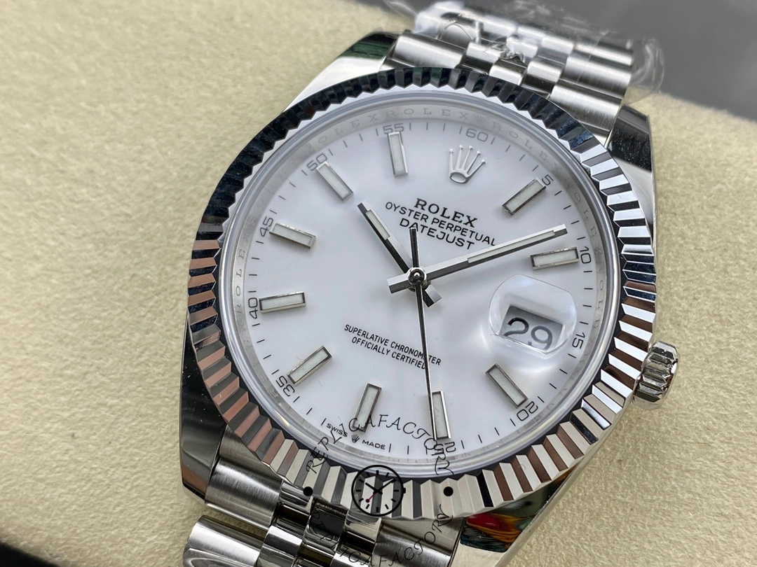 Slight angled view of the Rolex Datejust 41 M126334-0010 showing dial details and date magnifier.