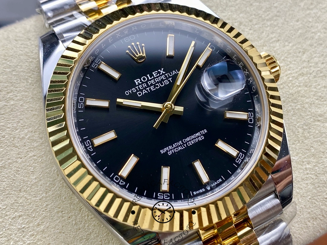 Angled close-up of Rolex Datejust 41 126333 highlighting fluted bezel and black dial.