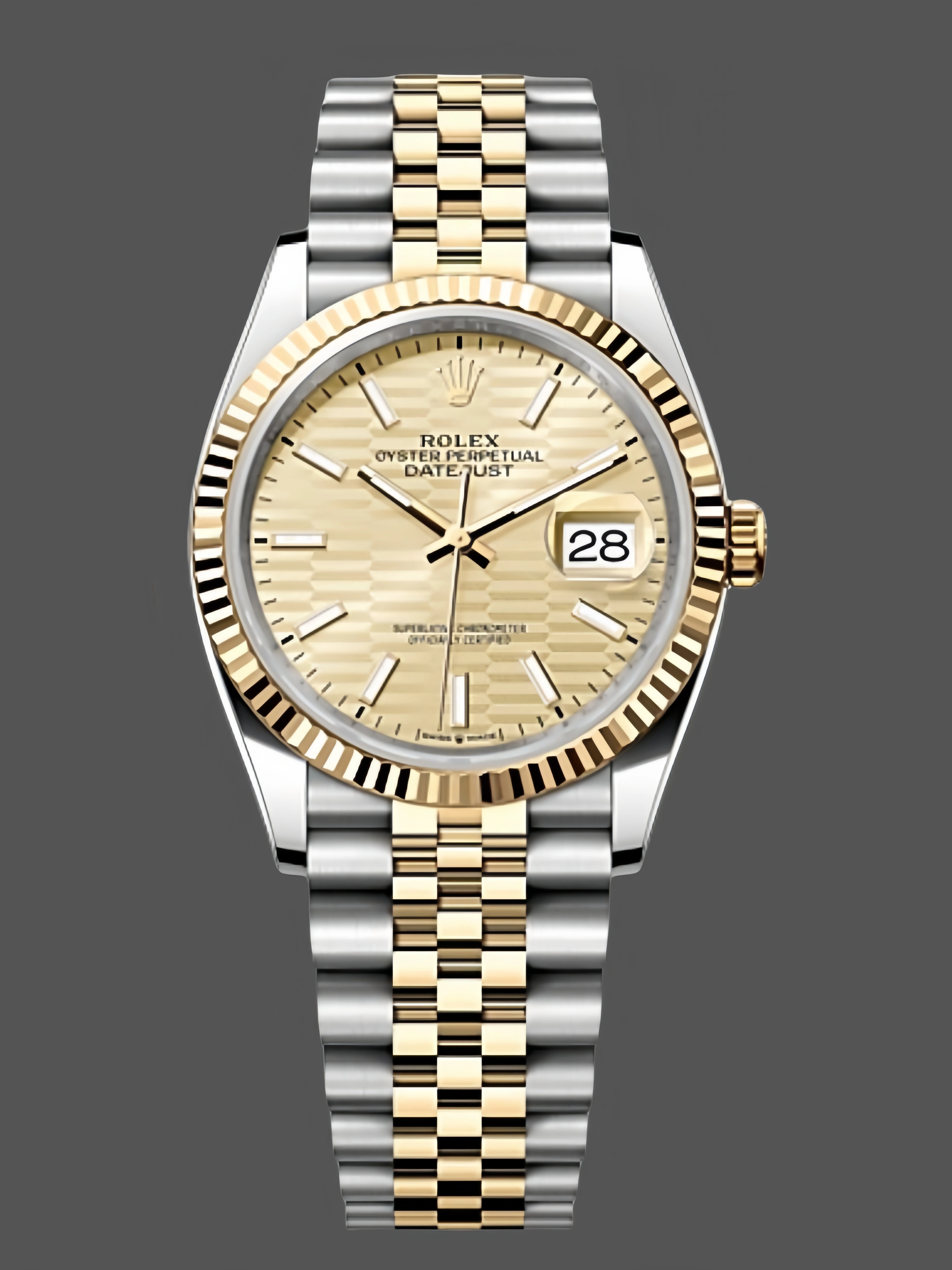 Front view of Rolex Datejust 41 126333 with champagne fluted-motif dial and two-tone Jubilee bracelet.