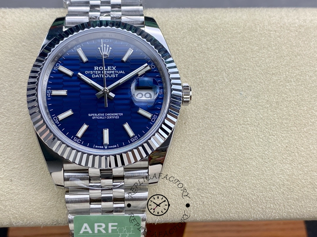 Close-up front view of Rolex Datejust 126334 ARF with blue textured dial and Jubilee bracelet.