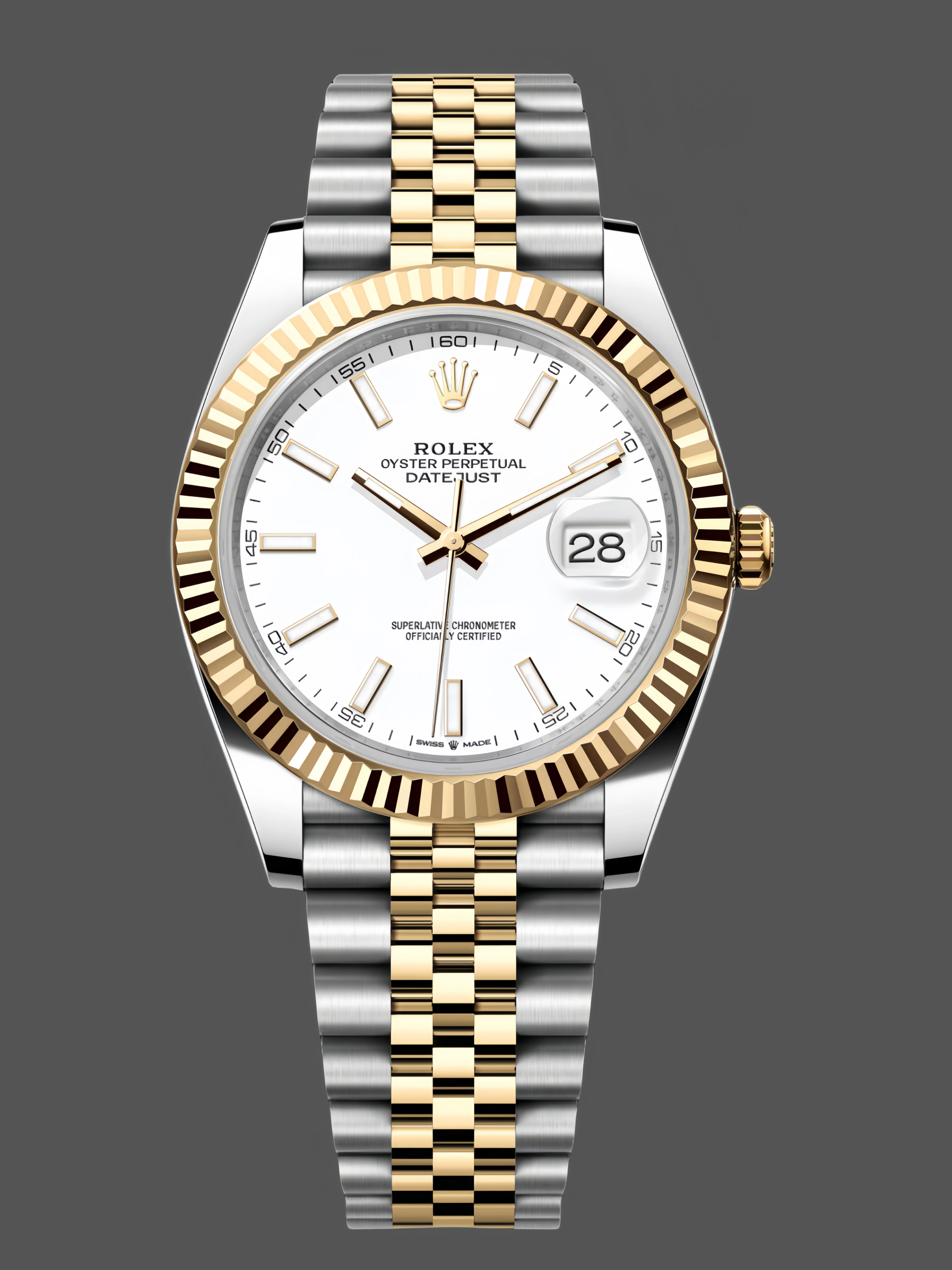Front view of the Rolex Datejust 41 126333-0016 with white dial and two-tone Jubilee bracelet.